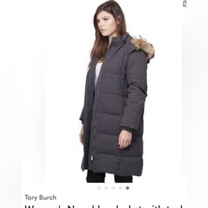 Tory Burch Charcoal Puffer Coat with Faux Fur Hood